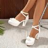 Plus Size Bow Side Hollow Platform Ultra High Thick Heel Sweet Cute Sandals Ankle Cross Fine Strap Pearl Buckle Sandals 2025