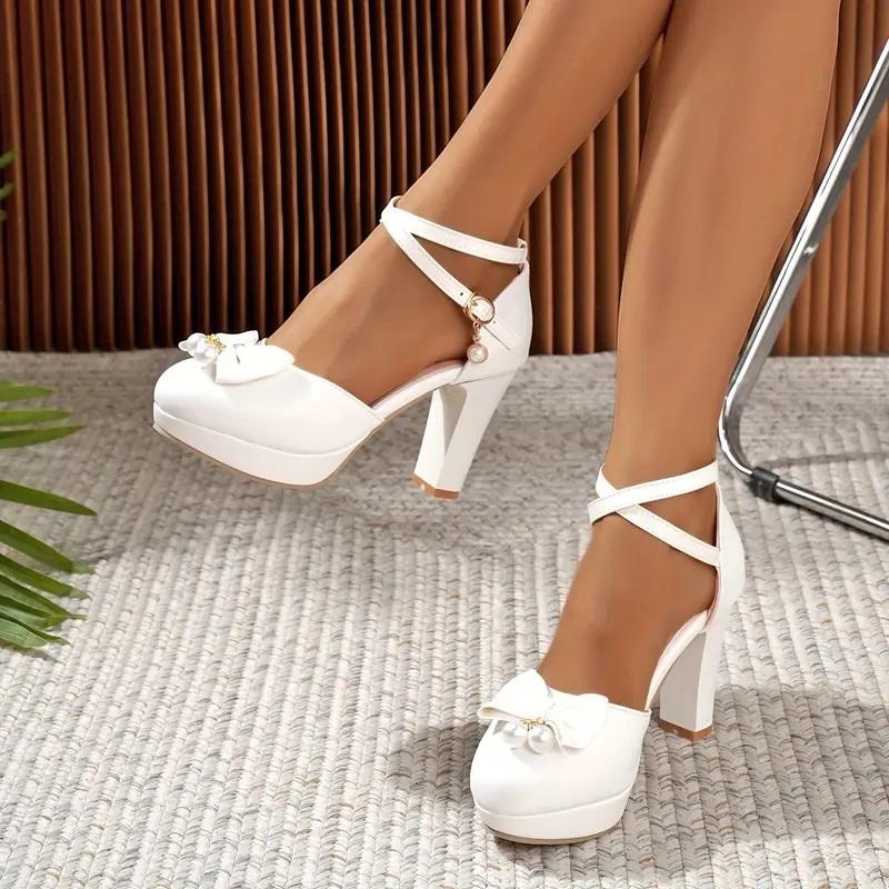 Plus Size Bow Side Hollow Platform Ultra High Thick Heel Sweet Cute Sandals Ankle Cross Fine Strap Pearl Buckle Sandals 2025