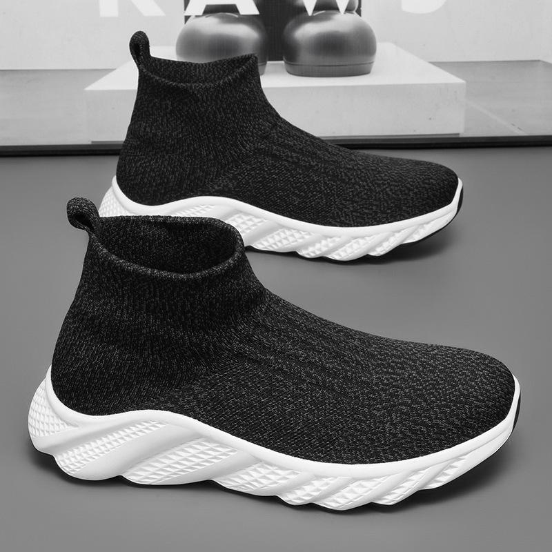 Black high-top socks shoes men's one-pedal fly-woven mesh casual shoes spring large-size sports trendy shoes