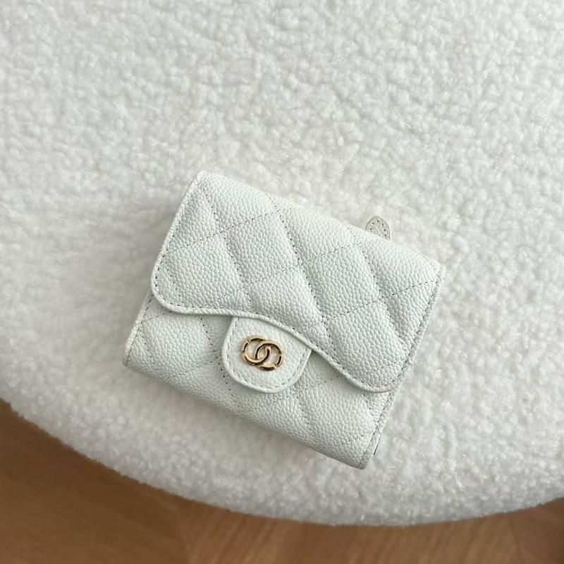 2026 New Caviar Patterned Cowhide Long Three Fold Wallet Hand-held Bag Chain Strap Crossbody Genuine Leather Women's