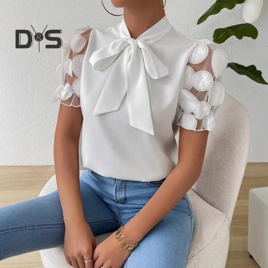 Damen-Shirt mit Schleifenausschnitt, Mesh-Jacquard, kurze Ärmel, Freizeithemd, einfarbige Bluse für den Alltag