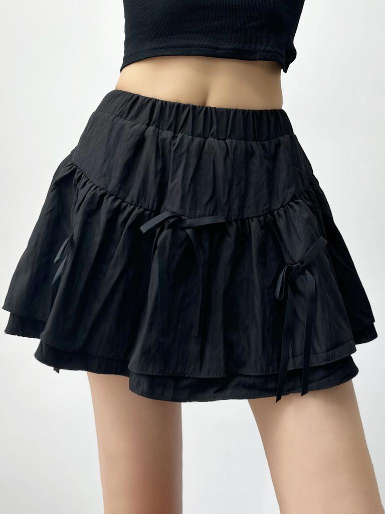 Cute Bow Mini Skirt with Shorts Women's Y2K Sweet Style Cake Skirt Ruffle Elastic Waist Fashion Female Clothing