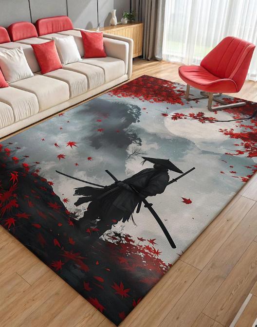 Alfombra de Ola Japonesa Cielo Rojo, Luna, Decoración Zen - Tamaño Personalizado Sala de Estar Dormitorio Decoración del Hogar Alfombra