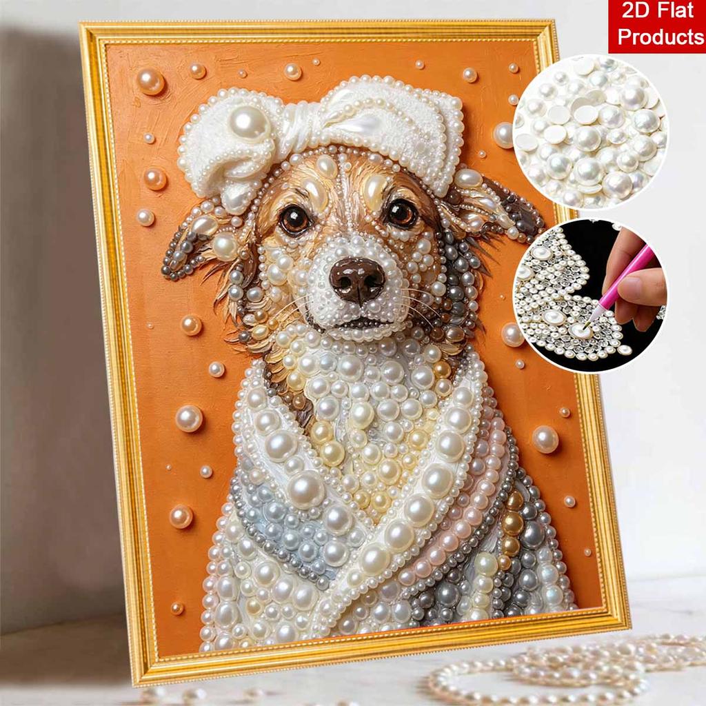 Handmade Framed Pearl Painting Set with Cute Elegant Puppy Wearing Towel Design 5D Shiny Bead Art Canvas Creative Craft for Room Decor