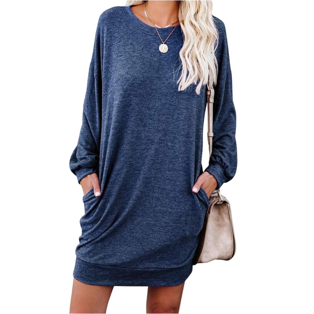 Women's Fashionable Long-sleeved Solid-color Round-neck Pocket Dress