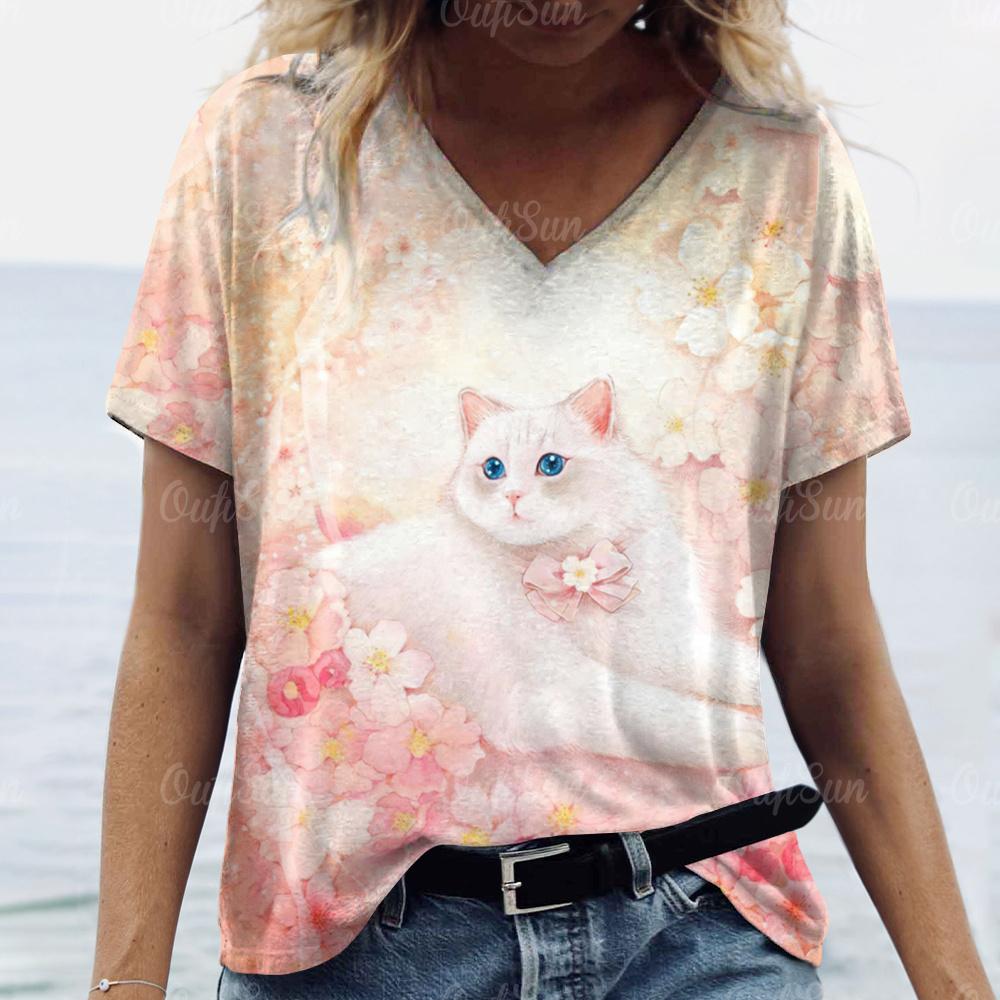 

2024 New Style T-Shirt For Women Cute Cat Printed Tops Women s Oversized Clothes Summer V-Neck Tops Shirt Original Design Tees L