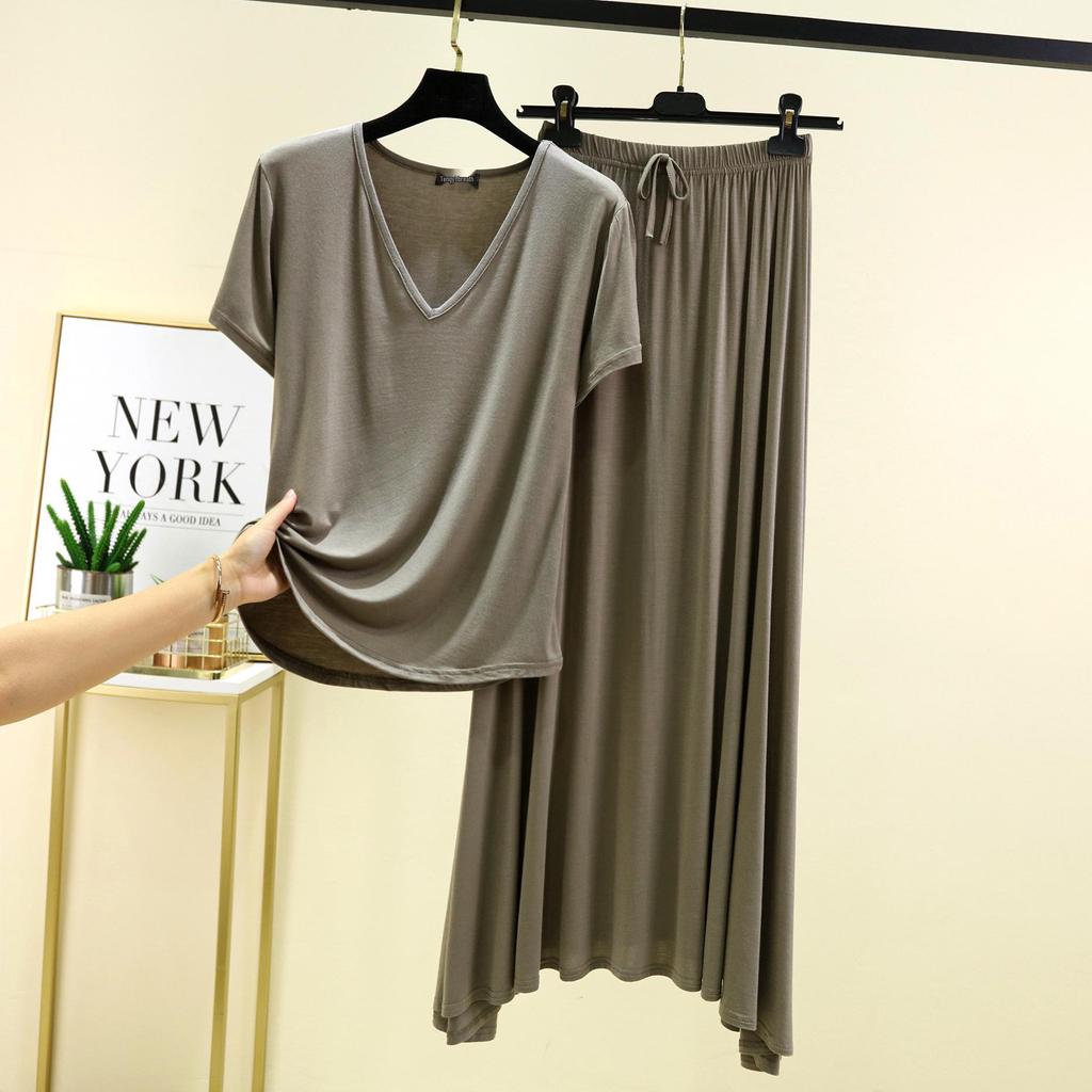 Modal V-Neck Short-Sleeve Midi Skirt Set: Women's Plus Size Korean-Style Casual Two-Piece Outfit