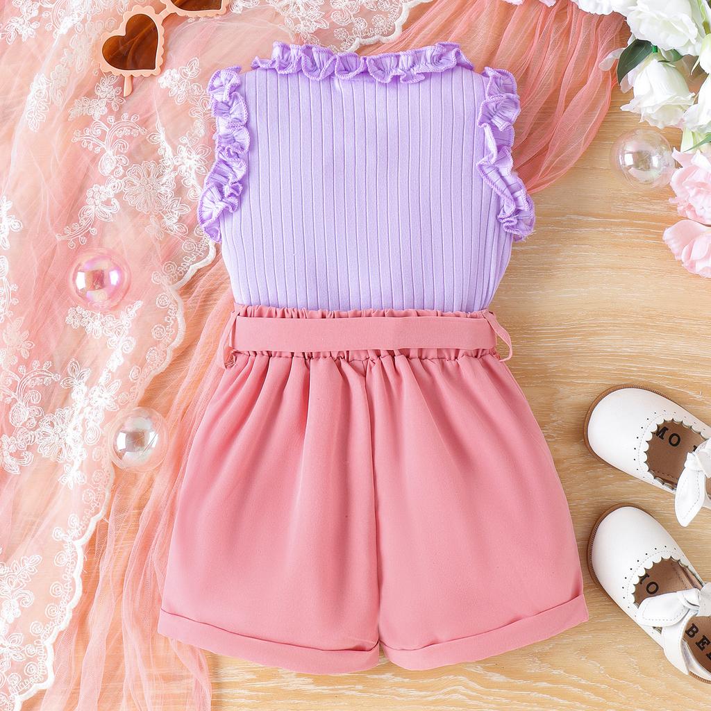 Girls Fashion Suit Spring Summer Kids Casual Cute Lace Vest + Solid Color Shorts with Belt Suit