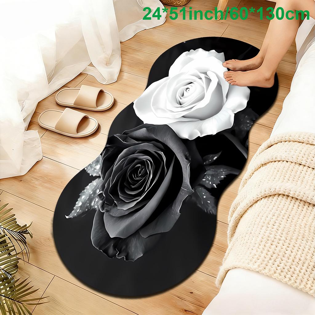 1pc Luxury Black White Rose Carpet, Durable Non-Slip Washable Indoor Rug For All Seasons, Halloween Thanksgiving Christmas Decor