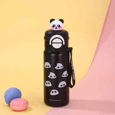 MRSIKEY Cartoon-Panda 316 Edelstahl Kinder-Trinkflasche mit Strohhalm