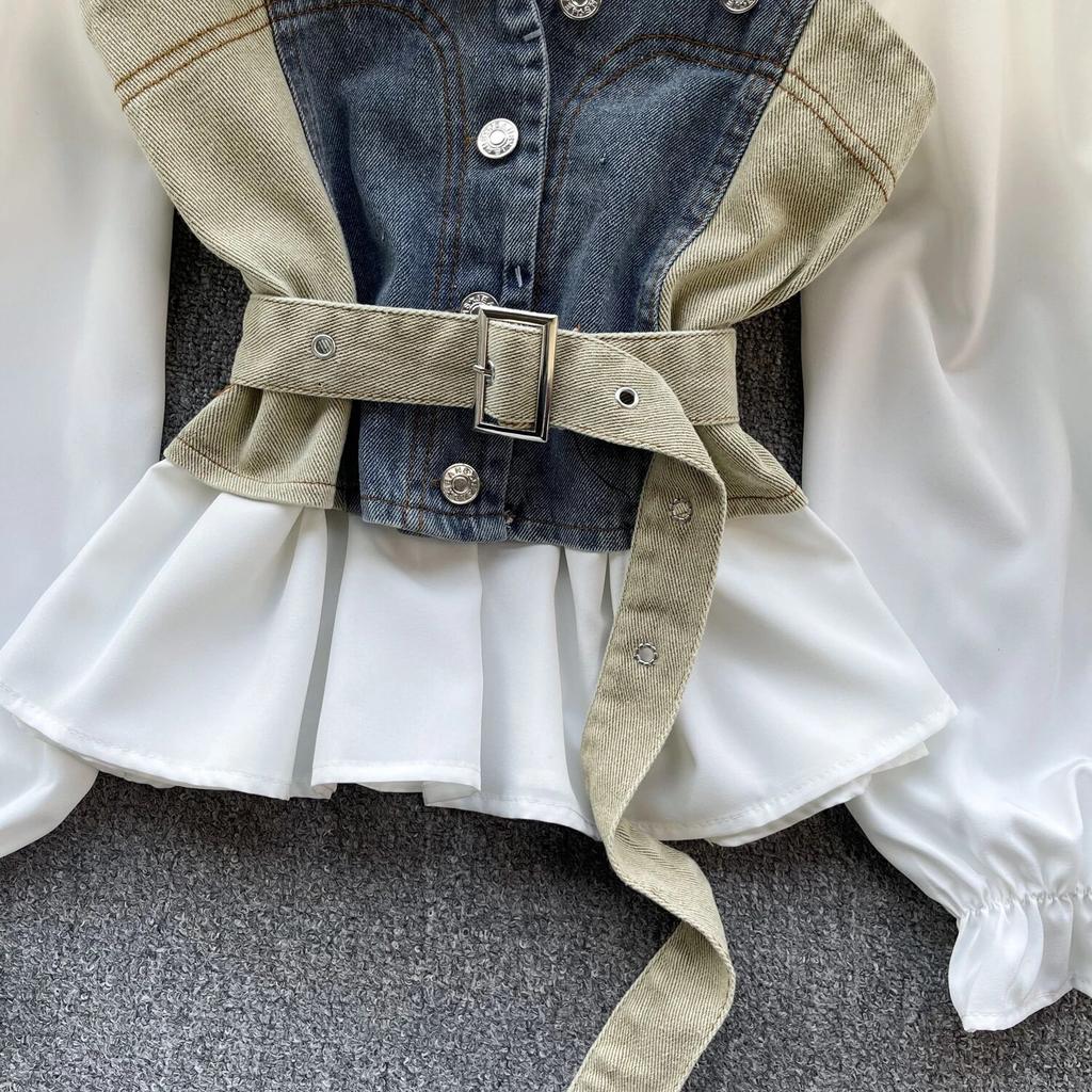 Koreanische Serie Tragen Alter-Reduzierung Set Retro Denim Cami Gestapelt Alle-Matching Puff Sleeve Shirts Zwei-stück Set Top