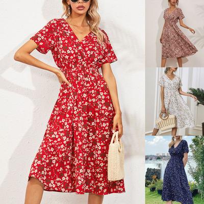 Vestido estampado floral solto feminino decote em v vestido de verão para férias