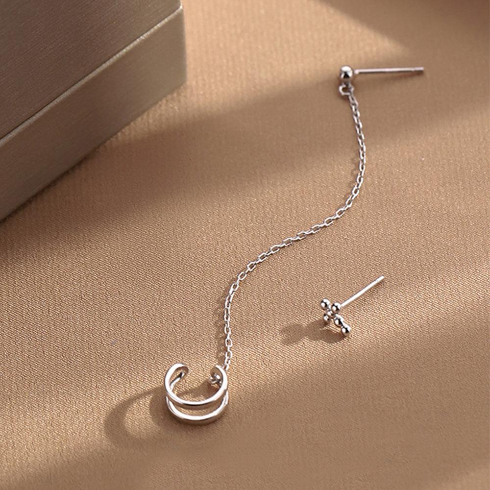 Women Long Chain Tassel Asymmetry Punk Clip Earrings Cross Earcuff Ear Bone Clips Chain Earrings