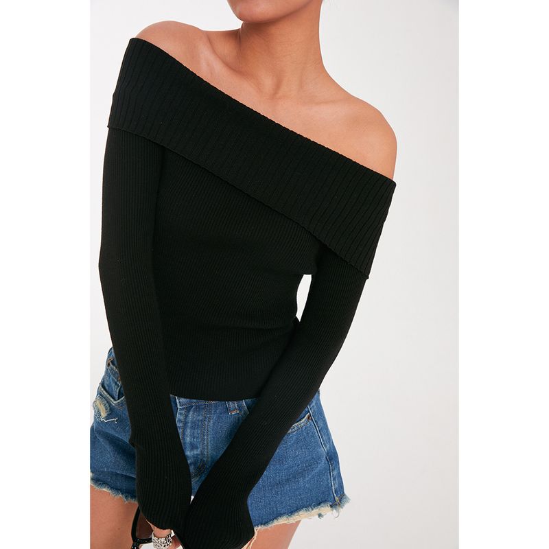Discoglam Classic Versatile Cold-Shoulder Sweater Black Silm Slim Looking off-Shoulder Knitting Tops Female Spring & Fall