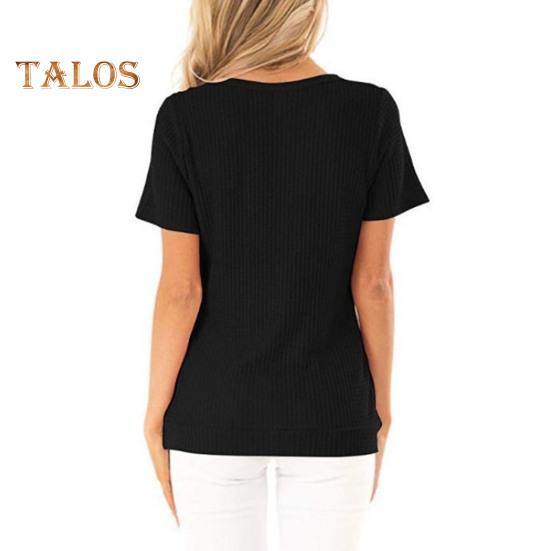 Women Tops Short Sleeve V-Neck Pleated Hem Tee Shirt Solid Color Draped T-Shirt with Side Buttons Daily Wear