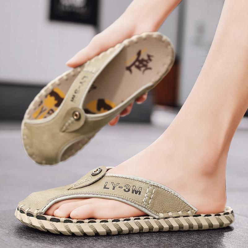 Men Foreskin Herringbone Slippers PU Hand Sewn Flat Bottomed Anti-collision Toe Comfortable Outdoor Beach Sandals