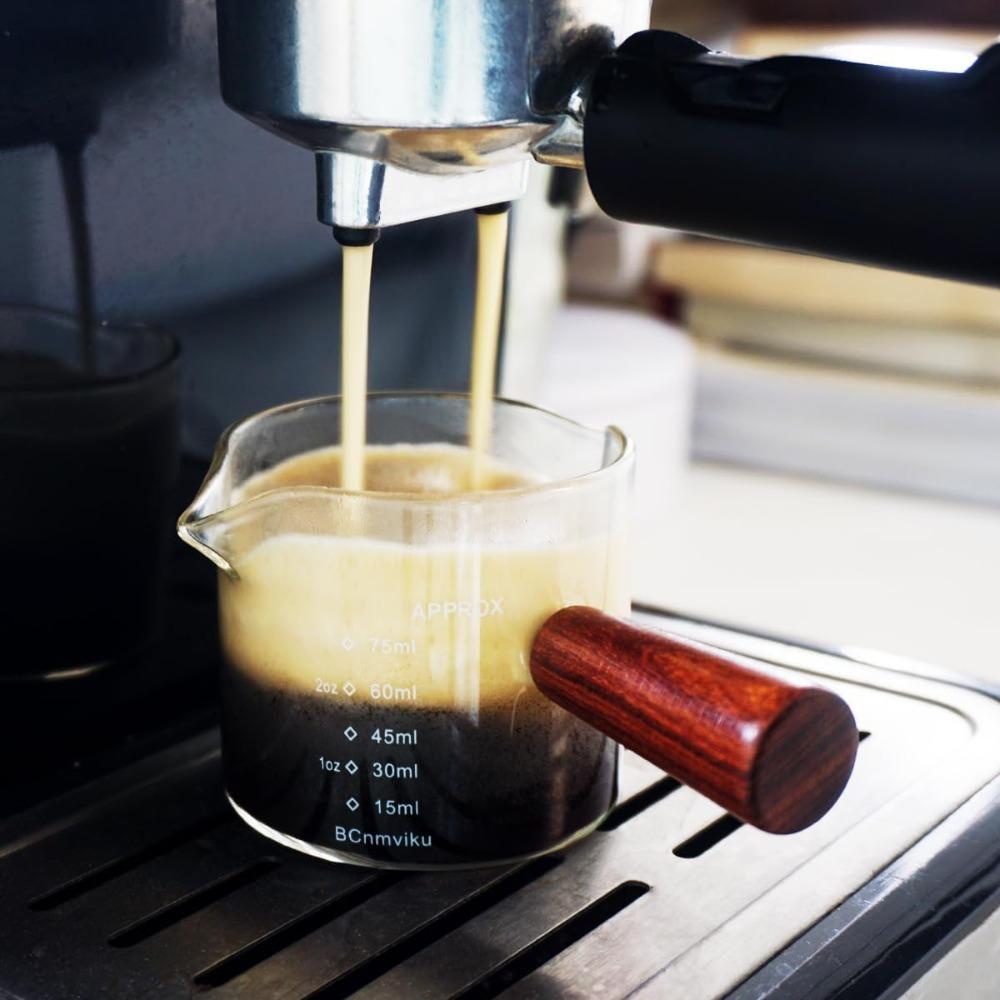 Clear Glass 75ML  Espresso Shot Glasses with Wooden Handle Measuring Cup Coffee Cup High Borosilicate Glass Pitcher Barista