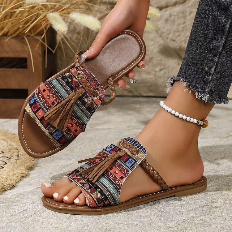 Fashion Low Beach Shoes Woman's Slippers Fringe Big Size Slides Sabot 2025 Flat Summer Fabric Rubber Hoof Heels PU Shoes Big Size Low Fr