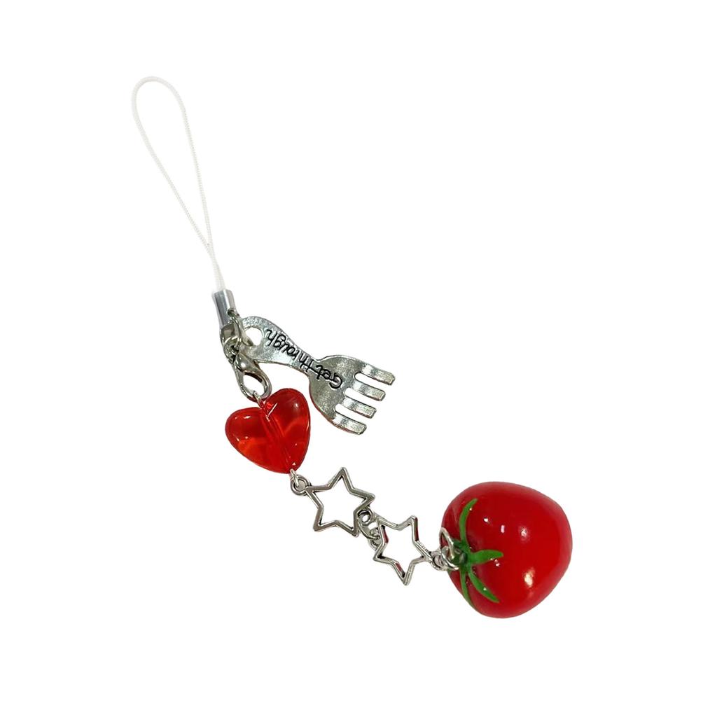Creative Tomato/Fork/Spoon Bag Charm Colorful Resin Beaded Keychain Pendant Versatile Purse Accessory Gift for Women