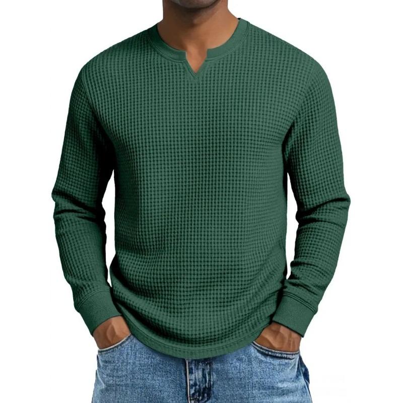 Herren Plus Size Waffel Karomuster Slim Fit Langarm V-Ausschnitt Lässiges T-Shirt