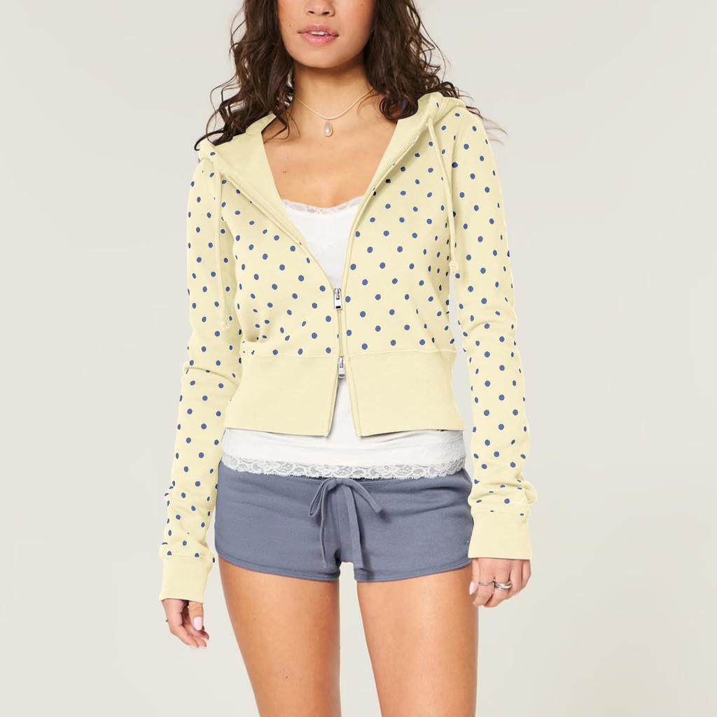 Giacca da Donna Casual a Pois con Cappuccio e Zip Manica Lunga per l'Uso Quotidiano