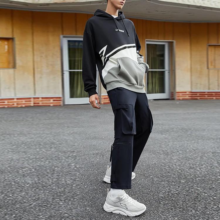 Li Ning Sports Lifestyle Series Embroidered Logo Color Block Fleece Pullover Hoodie Unisex Sweatshirt Black Gray AWDRB82-3