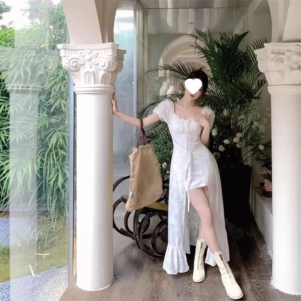 White Ballet-Style Square Neck Dress with Tie-Up, Puff and Long Sleeves, Ruffles, Women's Summer Skirt