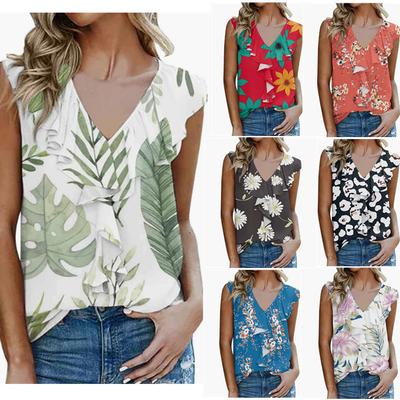 Women's Summer Sleeveless V-neck Printed Fungus Vest Chiffon T-shirt Clothes Sale