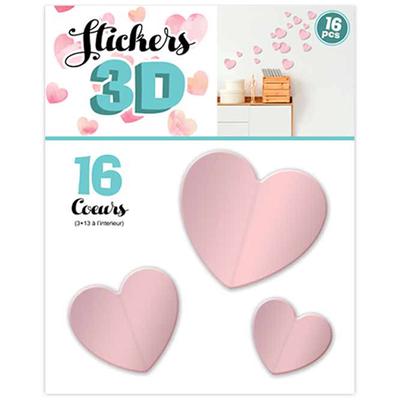 [Q8038] - 16 Pink 3D 'Love' Stickers (hearts) - Sheet 30x22 Cm