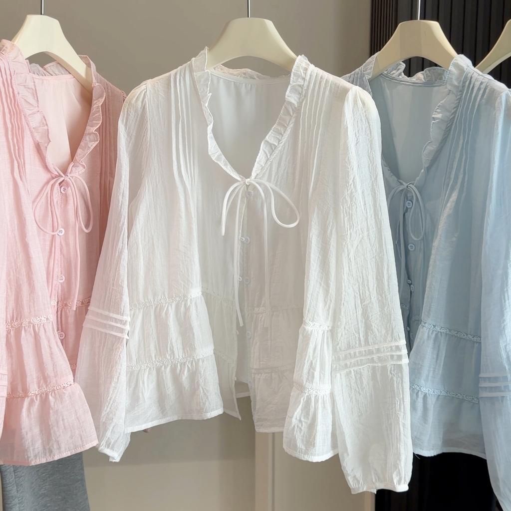 Spring and Summer Thin Fungus Edge V-neck Strap-on Shirt Women's French Loose Lantern Sleeve Inner Top Shirt