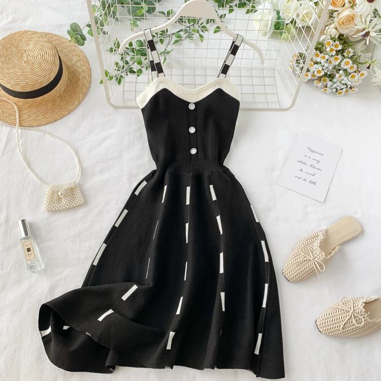 

Вязаное контрастное сексуальное мини-платье с V-образным вырезом и бретелями-спагетти, летнее, женское, повседневное, для вечеринок, желтое, черное, платья-свитера One Size чёрный