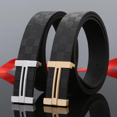 Men's Luxury Leather Belt with Stainless Steel I-Bar Buckle - Genuine Cowhide Plaid Design