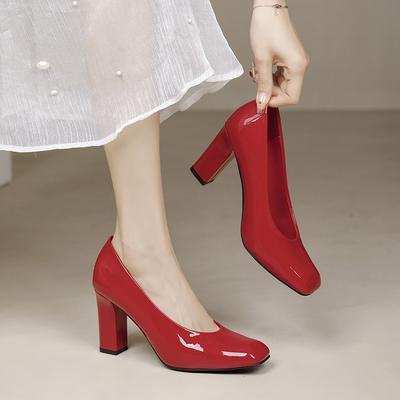 Professional OL Square Head Black High Heels Spring and Summer New Patent Leather Shallow Mouth Temperament Commuting Thick Heel Single Shoes