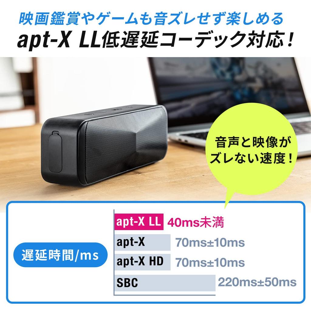 Sanwa Direct Bluetooth Low LL Continuous Passive Speaker, Waterproof, Bath-Friendly, Compact, Latency, apt-X Compatible, 24-Hour Playback, Built-in