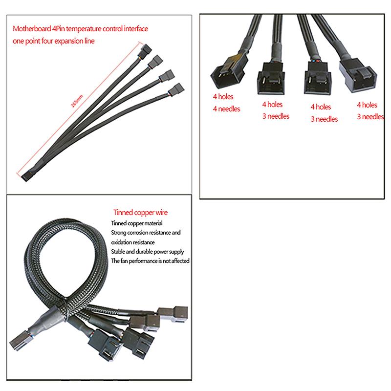 1Pcs Black New 4 Pin Pwm Fan Cable 1 To 4/3/2/1 Ways Splitter Black Sleeved 27cm Extension Cable Connector Pwm Extension Cables