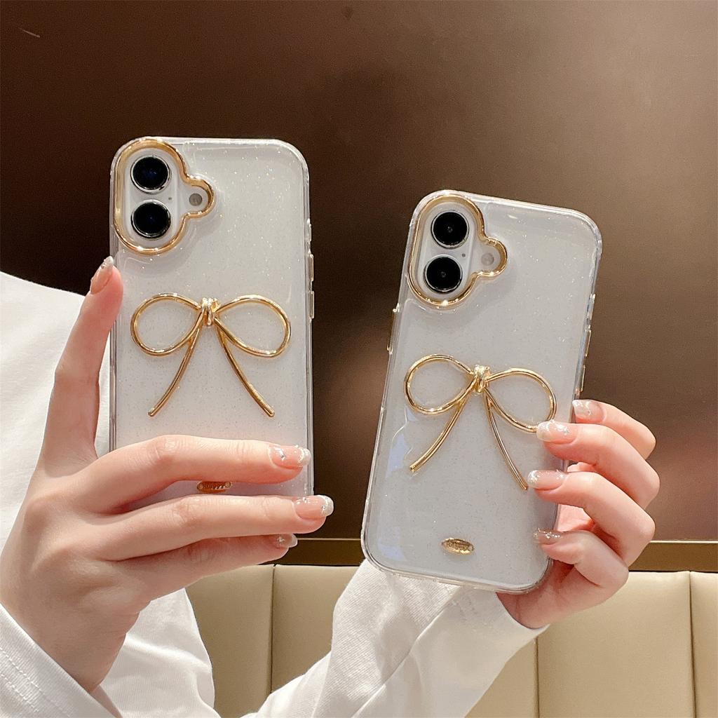 For iPhone 16 Plus Case Gold Bow Epoxy Design TPU + PC Phone Back Cover