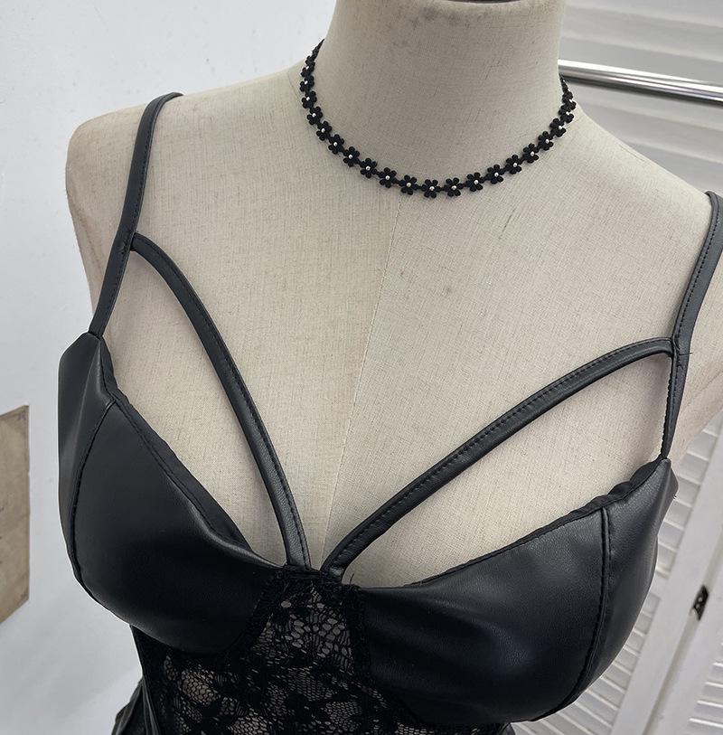 American Spicy Girl Lace PU Leather Patchwork See-Through Camisole with Chest Pads and Shirred Back Top