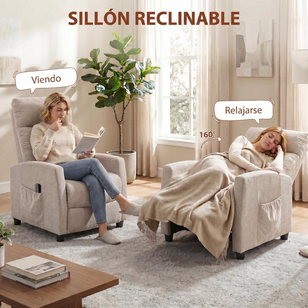 Reclining Massage Armchair With Footrest 2 Massage Zones High Back Pockets Chenilla Upholstery Cream