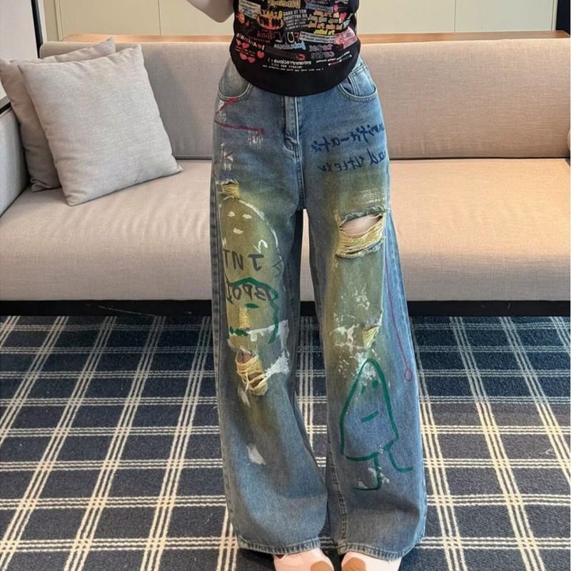 Womens High-Waisted Straight Cut Denim Pants With Embroidery Detail Loose Fit Long Trousers Casual Wear