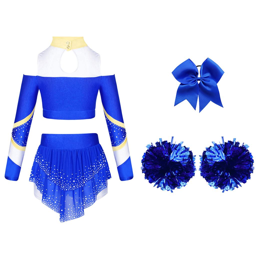 Dívčí cheerleadingová sada Odhalená ramena Dlouhý rukáv Zadní výstřih Klíčová dírka Barevný blok Potisk písmen Zkrácený top Kamínky Sukně Mašle Čelenka Pompony