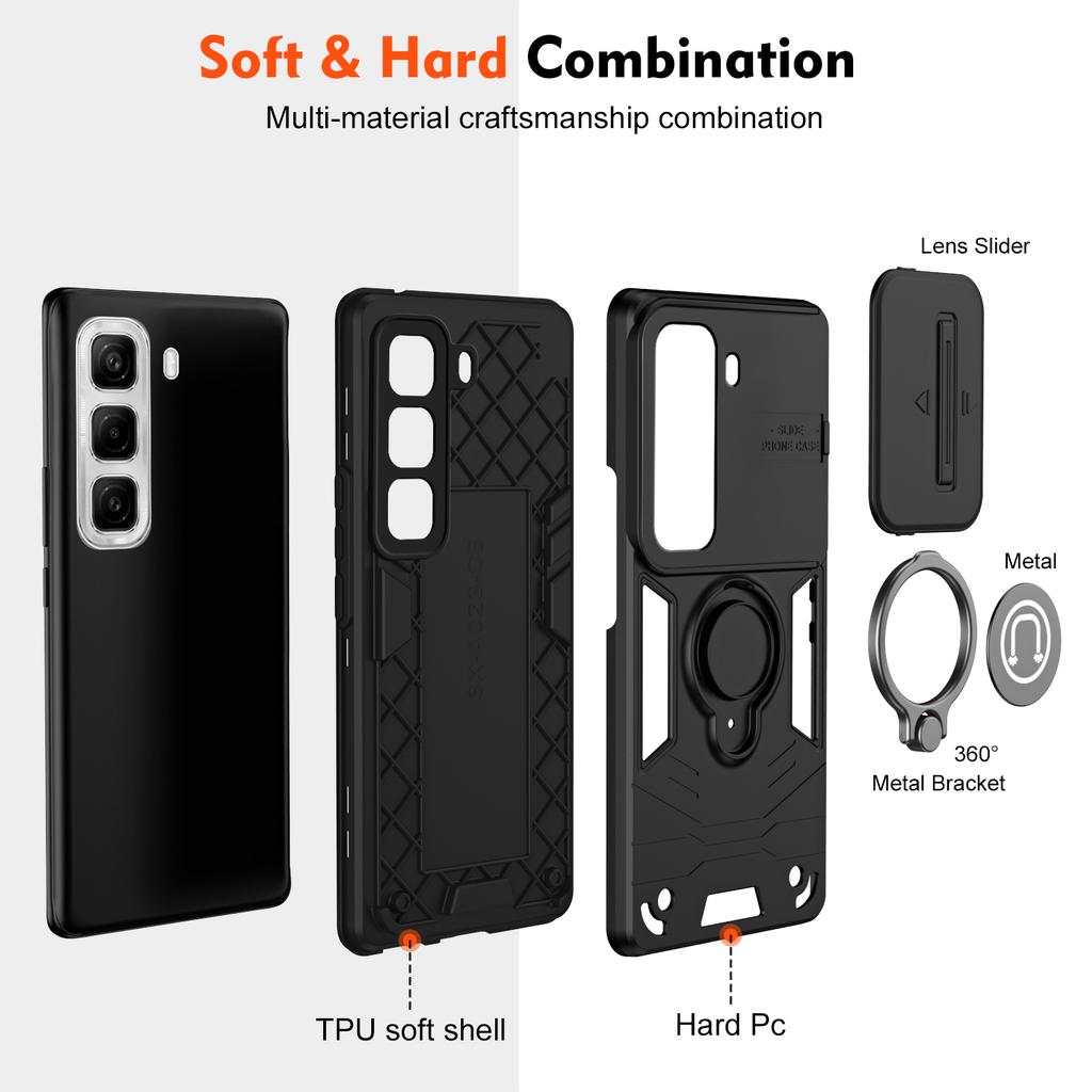 Hybrid Armor Shockproof Case For Infinix Hot 50 60i 4G 60 Pro Plus Sliding Window Metal Ring Holder TPU Plastic Phone Cover