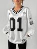 T-shirt Grafica da Donna con Scollo a V, Manica Lunga, Vestibilità Larga, Stampa Numero Lettera, Tunica Larga, Streetwear, Vintage Americano, Camicia Casual