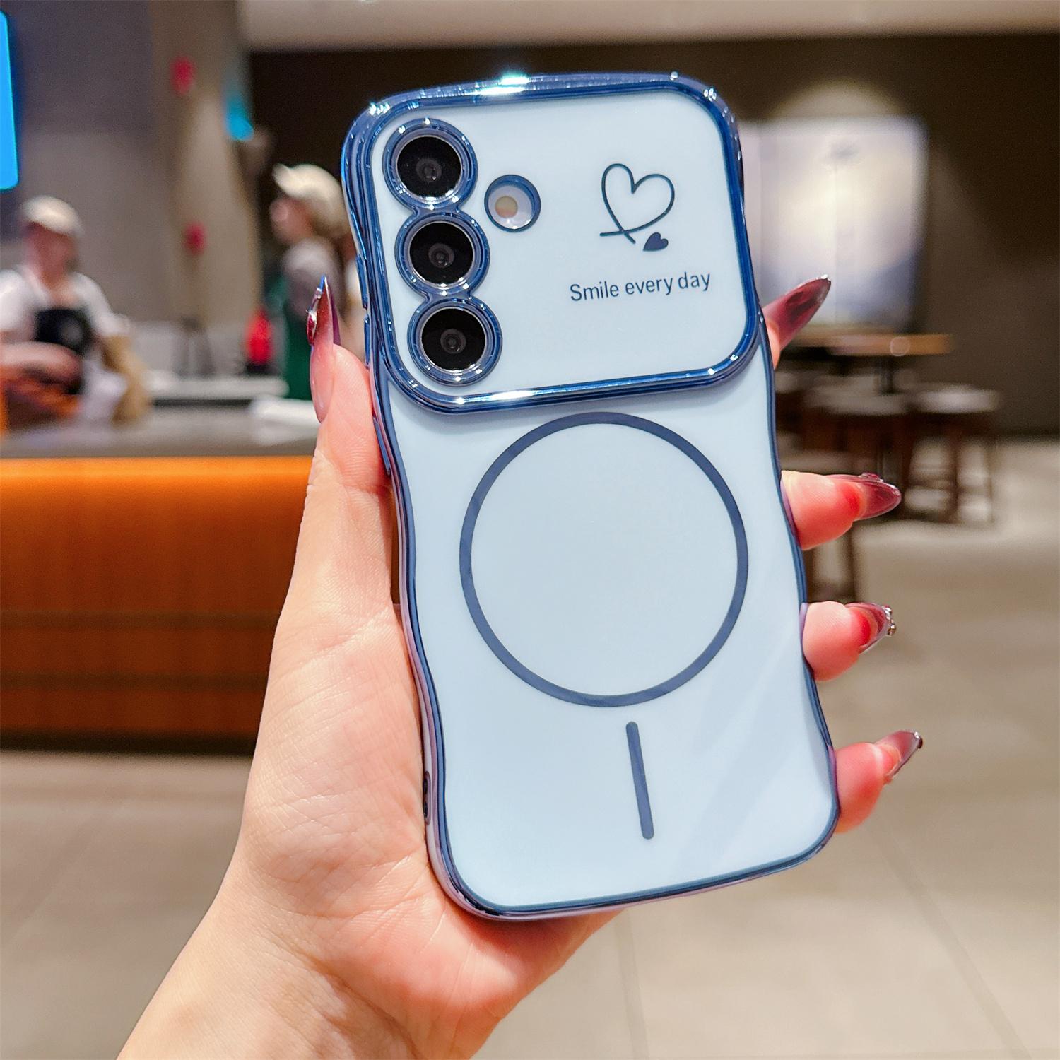 

For Samsung Galaxy A16 5G/A16 4G Magnetic Case Electroplating Wave Edge TPU Phone Cover Heart Pattern Blue