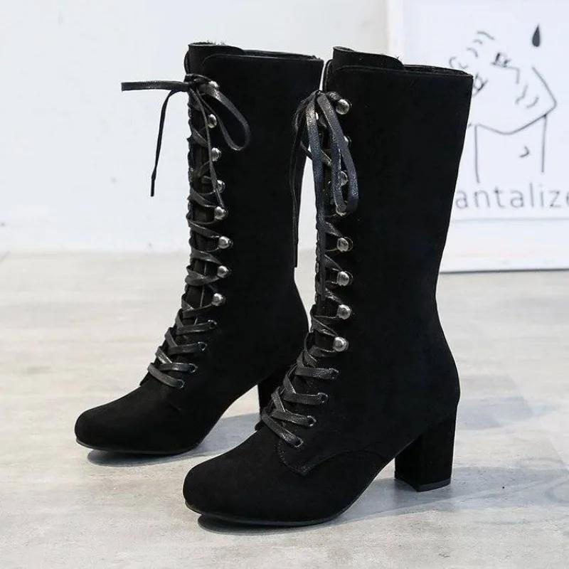 Footwear Cosplay Elegant Heeled Ladies Boots High Heels Shoes for Women Lace-up with Laces Mid Calf Blue Half Platform Chic Boot