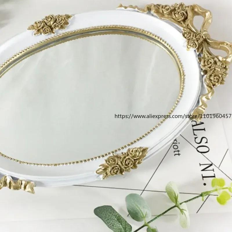 Retro Resin Storage Tray European Creative Relief Mirror Tray Fruit Plate Wedding Dessert Table Home Decor Jewelry Storage Tray