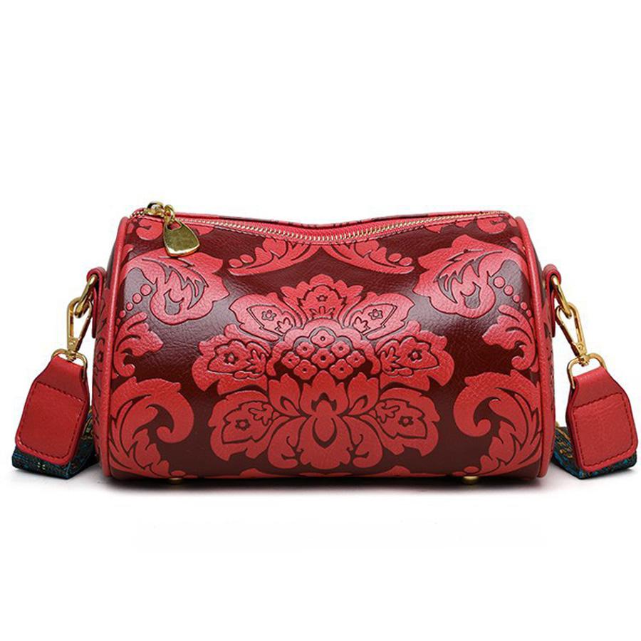 Fashionable Chinese style retro women s cylindrical bag, single shoulder crossbody bag, cylindrical embossed bag красный