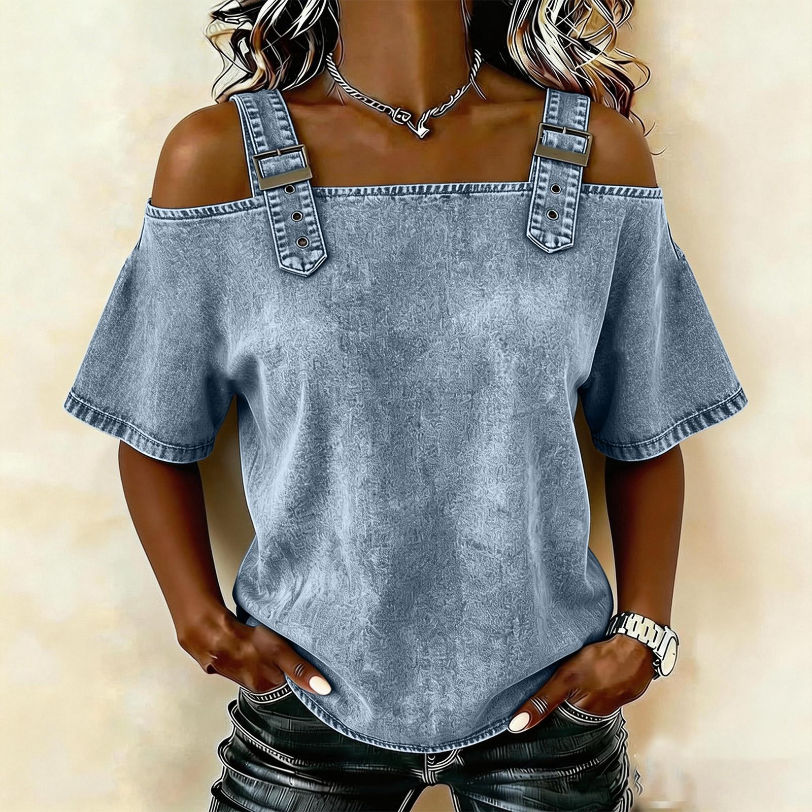 

Elegant and versatile off-the-shoulder short-sleeved top for women XL світло-синій колір