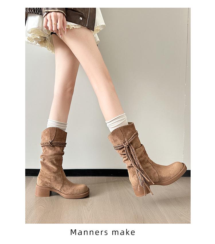 Women's Retro Chunky Heel Tassel Boots - Suede Mid-Calf Ruched Cowboy Style for Autumn/Winter