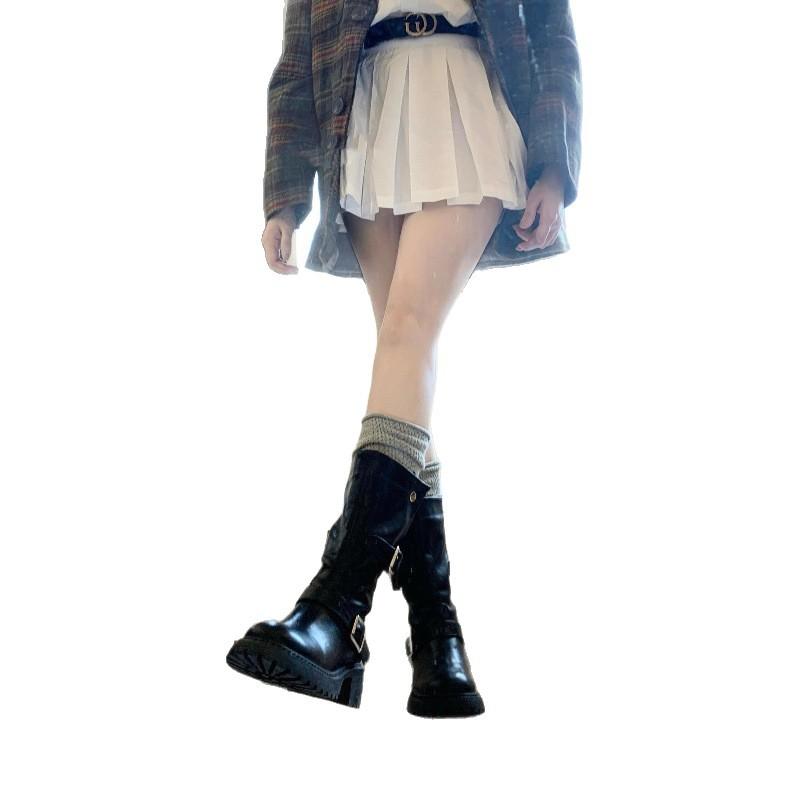 Platform British Style Boots Women's 2025 Autumn and Winter New Belt Buckle Mid Boots Rear Zipper Martin Boots Long Boots