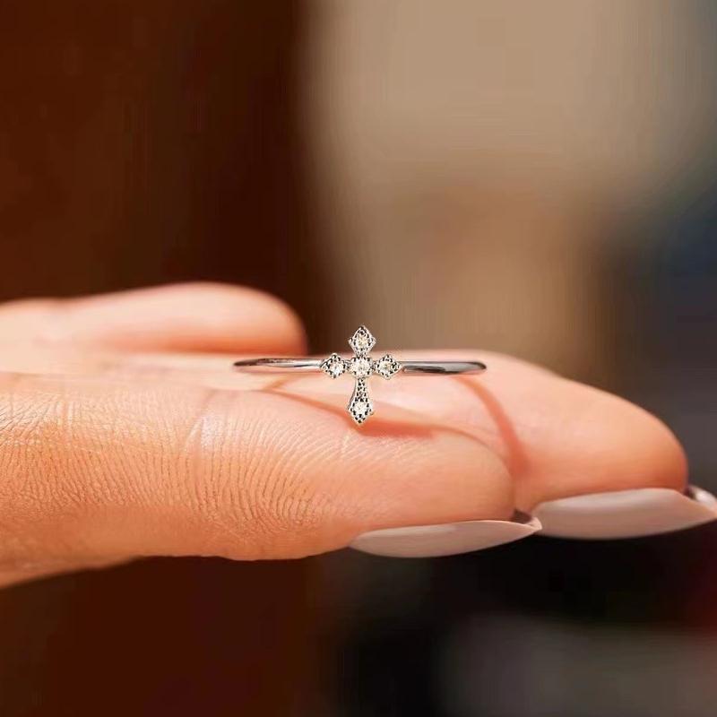 Dainty Shining Cross Ring Lady Daily Wearable Jewelry with Bright Zirconia Versatile Stylish Finger Accessories for Women